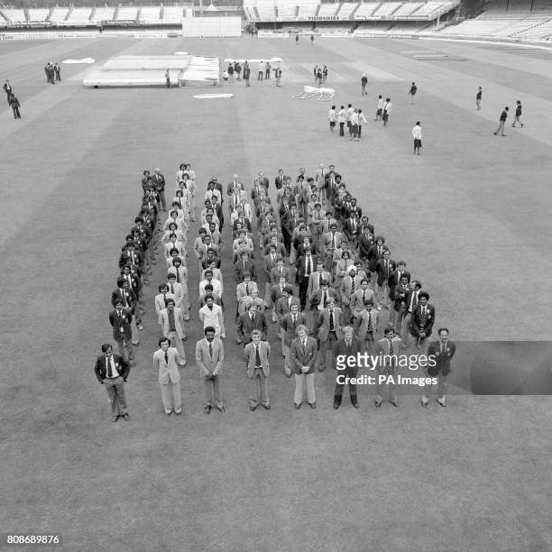 Lined up at Lord's cricket ground in London, the eight finalists in the Prudential World Cup. They are with their captains , left to right, Anura...