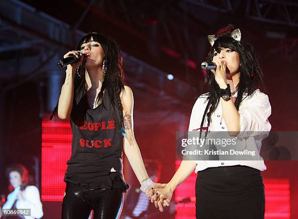 Sisters Jessica Origliasso and Lisa Origliasso of The Veronicas perform on stage at the MTV Australia Awards 2008 at the Australian Technology Park,...