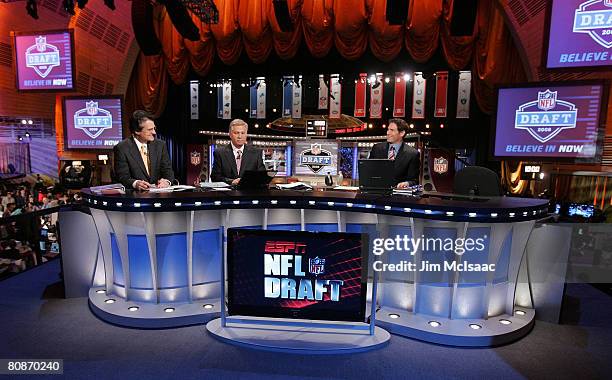 The ESPN broadcast team of Mel Kiper, Chris Mortensen, and Steve Young prepare for the 2008 NFL Draft on April 26, 2008 at Radio City Music Hall in...