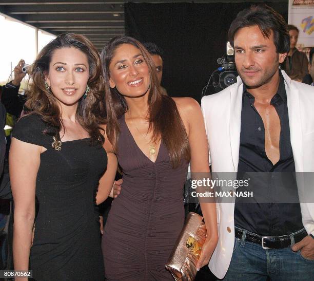 Indian actors Kareena Kapoor, , Karishma Kapoor, , and Saif Ali Khan arrive for the Zee Cine film awards 2008, at the ExCel center in London, on...