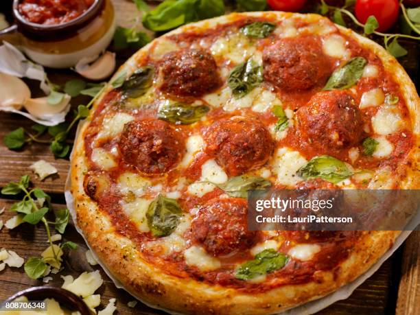 meatball marinara pizza - meatball stock pictures, royalty-free photos & images