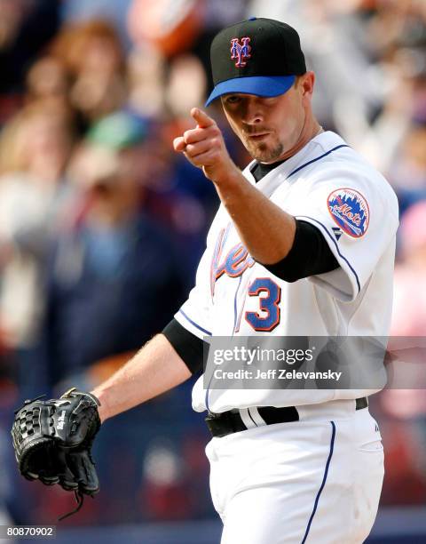 Billy Wagner of the New York Mets gestures in a game against the Atlanta Braves at Shea Stadium April 26, 2008 in the Flushing neighborhood of the...