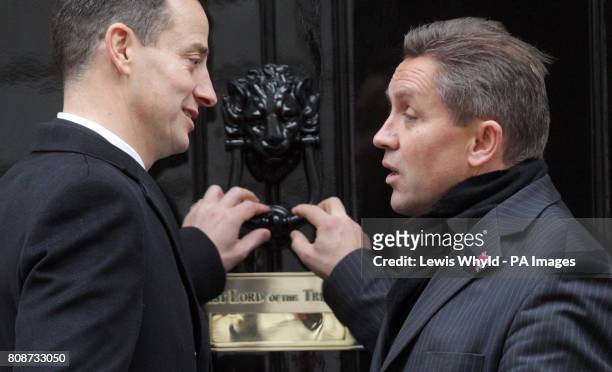 Morrisons Chief Executive Officer Dalton Philips and Sainbury's Chief Executive Officer Justin King arrive at Downing Street for a meeting of...