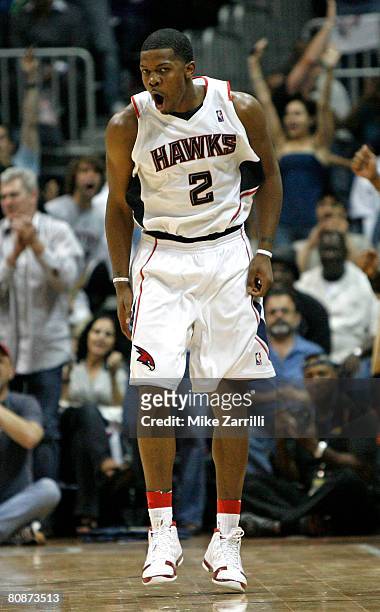 Guard Joe Johnson of the Atlanta Hawks celebrates a first half three pointer during Game Three of the Eastern Conference Quarterfinals against the...
