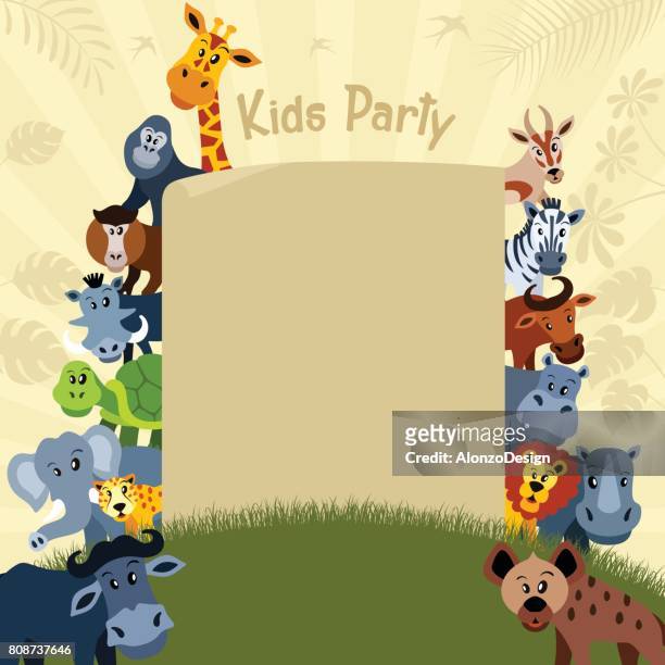kinder-party mit tieren - lion tamarin stock-grafiken, -clipart, -cartoons und -symbole