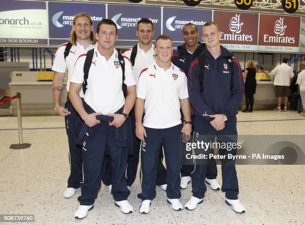 England's Eorl Crabtree, Shaun Lunt, Darrell Griffin, Luke Robinson, Leroy Cudjoe and Kevin Brown at Terminal 1 at Manchester Airport, Manchester.