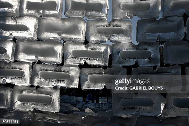 View of "Fluids", a rectangular structure of ice blocks built at the Getty Center in Los Angeles, California, April 26, 2008. Fluids, one of renowned...