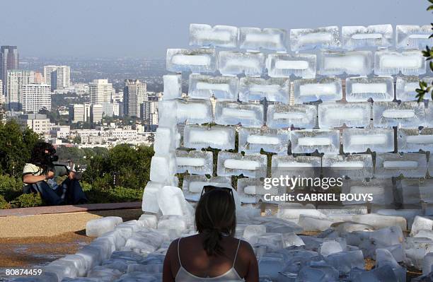 View of "Fluids", a rectangular structure of ice blocks built at the Getty Center in Los Angeles, California, April 26, 2008. Fluids, one of renowned...