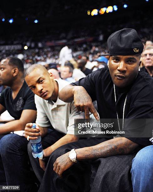 Rappers T.I and Young Jeezy attends Boston Celtics vs Atlanta Hawks Playoff Game on April 26, 2008 in Atlanta.