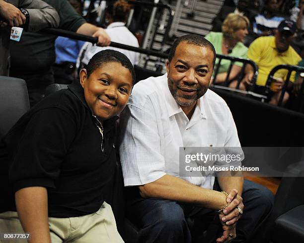 Actor Emmanuel Lewis and Thomas Dortch attend the Boston Celtics vs Atlanta Hawks Playoff Game on April 26, 2008 in Atlanta.