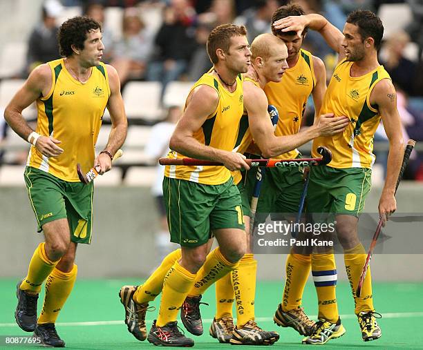 Mark Knowles of the Kookaburras congratulates team mates after a goal during the 2008 Men's Four Nations Tournament Final match between the...