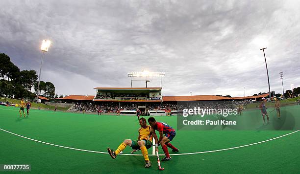 General view of play during the 2008 Men's Four Nations Tournament Final match between the Australian Kookaburras and Korea at Perth Hockey Stadium...