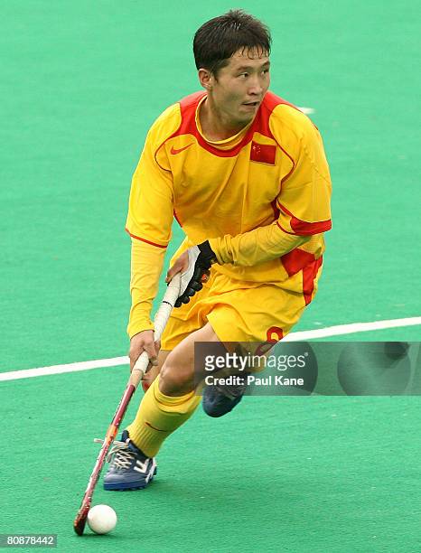 Jun Meng of China in action during the 2008 Men`s Four Nations Tournament third place playoff match between India and China at Perth Hockey Stadium...