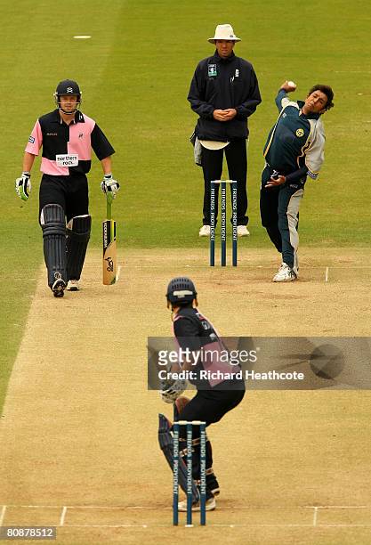Azhar Mahmood of Kent bowls to Billy Godleman of Middlesex during the Friends Provident Trophy match between Middlesex Crusaders and Kent Spitfires...