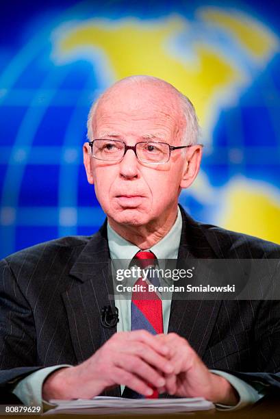 David Broder, of the Washington Post, listens during a live taping of "Meet the Press" April 27, 2008 in Washington, DC. Howard Dean, Chairman of the...