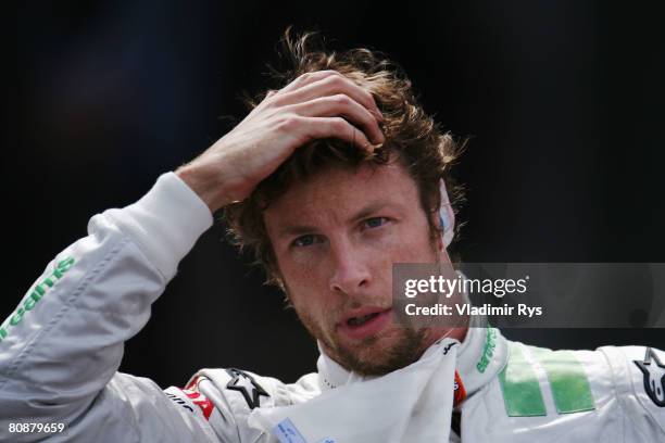 Jenson Button of Great Britain and Honda Racing in parc ferme following the Spanish Formula One Grand Prix at the Circuit de Catalunya on April 27,...