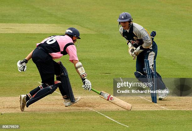 Geraint Jones of Kent celebrates as he runs out Billy Godleman of Middlesex from the throw of Robert Key during the Friends Provident Trophy match...