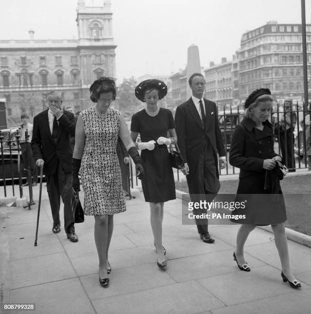 The Marquess of Blandford with his wife Athina and his sisters, Lady Sarah and Lady Caroline attend the memorial service for Randolph Churchill at St...