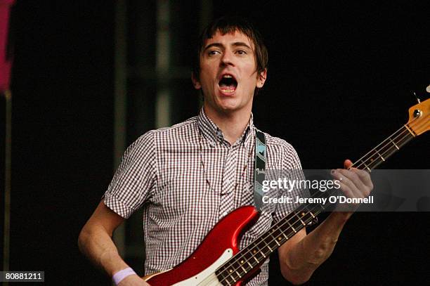 Drew McConnell performs on stage during the Love Music Hate Racism Festival held in Victoria Park on April 27, 2008 in London, United Kingdom.