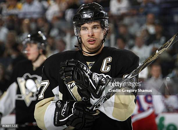 Sidney Crosby of the Pittsburgh Penguins lines up for a face off against the New York Rangers in game two of the 2008 NHL Eastern Conference...