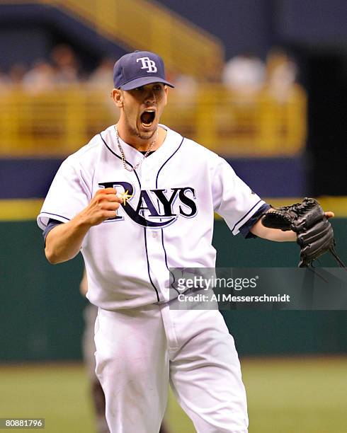 Pitcher James Shields of the Tampa Bay Rays yells after the final out against the Boston Red Sox April 27, 2008 at Tropicana Field in St. Petersburg,...