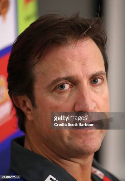 Luke Beveridge, coach of the Bulldogs speaks to media during a Western Bulldogs AFL training session at Whitten Oval on July 5, 2017 in Melbourne,...