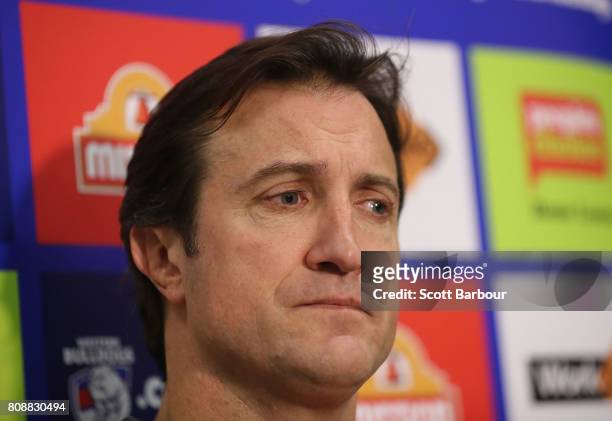 Luke Beveridge, coach of the Bulldogs speaks to media during a Western Bulldogs AFL training session at Whitten Oval on July 5, 2017 in Melbourne,...