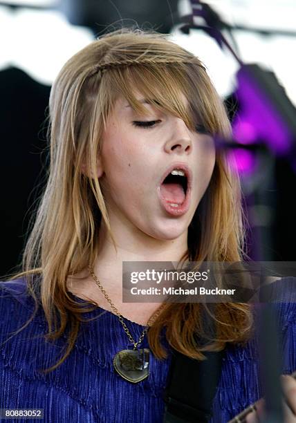 Musician/singer Katty Besnard of Plasticines performs during day 3 of the Coachella Valley Music and Arts Festival at the Empire Polo Field on April...