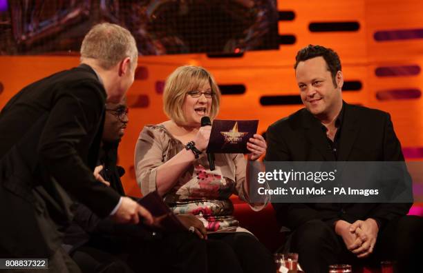 Host Graham Norton with guests Diddy , Sarah Millican and Vince Vaughn during a recording of the Graham Norton Show at The London Studios in south...