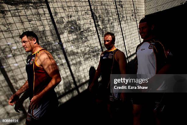 Ben Cross and Glenn Stewart of Country walk out to the field for the Country Origin team training session at the Sydney Football Stadium on April 28,...