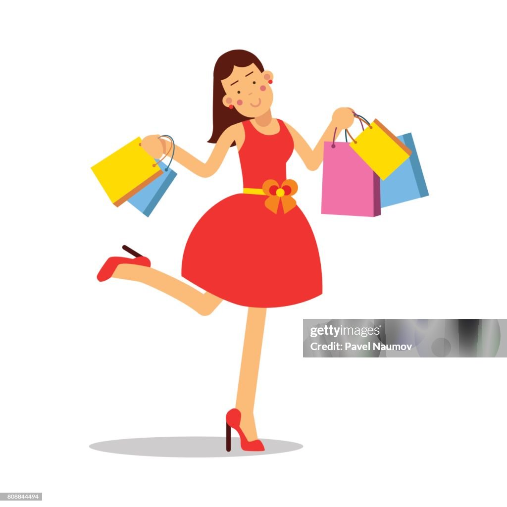 Feliz Sonriente Mujer De Pie Y Vestido De Rojo Con Bolsas Vector De Caracteres De Dibujos Animados Ilustración Ilustración de stock - Getty Images Feliz Sonriente Mujer De Pie Y Vestido De Rojo Con Bolsas Vector De Caracteres De Dibujos Animados Ilustración Ilustración de stock - Getty Images