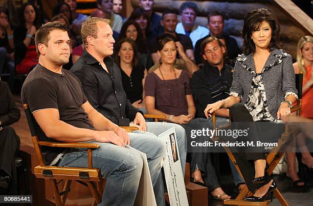 Runner up Ryan Quicksall, winner Adam Jasinski and host Julie Chen speak during the "Big Brother Season 9 Live Finale" at CBS Studio Center on April...