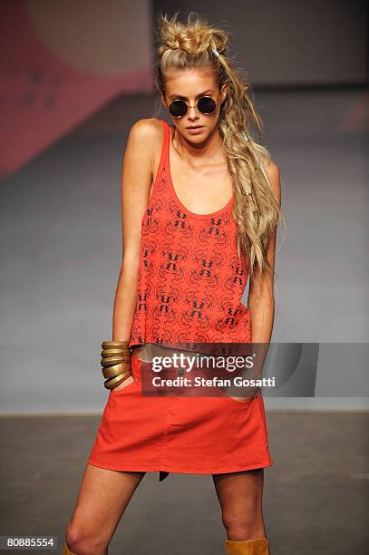 Model showcases an outift by designer One Teaspoon on the catwalk on the first day of the Rosemount Australian Fashion Week Spring/Summer 2008/09...