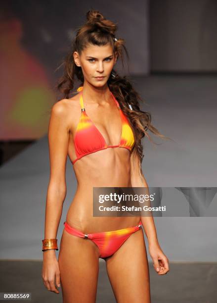 Model showcases an outift by designer One Teaspoon on the catwalk on the first day of the Rosemount Australian Fashion Week Spring/Summer 2008/09...