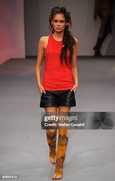 Model showcases an outift by designer One Teaspoon on the catwalk on the first day of the Rosemount Australian Fashion Week Spring/Summer 2008/09...