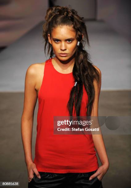 Model showcases an outift by designer One Teaspoon on the catwalk on the first day of the Rosemount Australian Fashion Week Spring/Summer 2008/09...