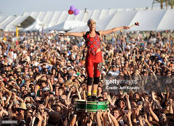 Musician Elizabeth Sun of Gogol Bordello performs during day 3 of the Coachella Valley Music and Arts Festival held at the Empire Polo Field on April...