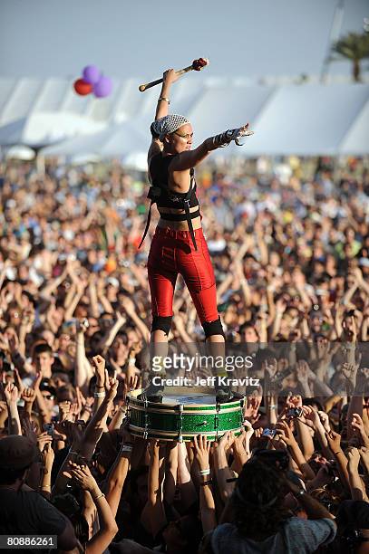 Musician Elizabeth Sun of Gogol Bordello performs during day 3 of the Coachella Valley Music and Arts Festival held at the Empire Polo Field on April...