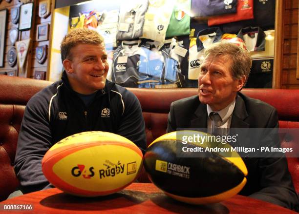 Cabinet Secretary for Justice, Kenny MacAskill MSP with Scotland international Moray Low during the announcement at Musselburgh Rugby Club of a...
