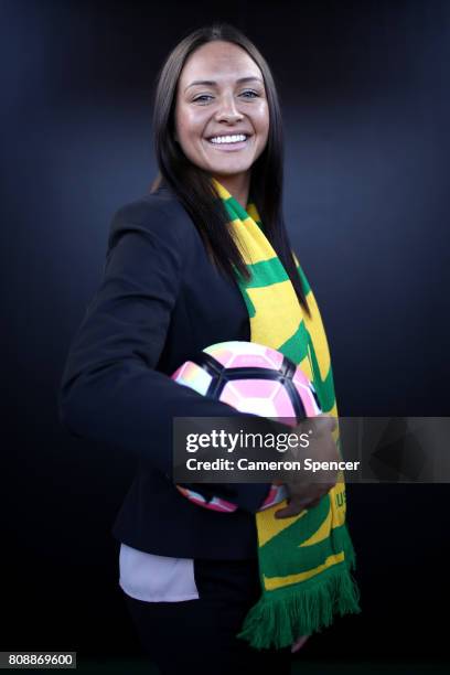 Kyah Simon of the Matildas poses for a portrait following an FFA media announcement regarding a two match International Friendly against Brazil on...