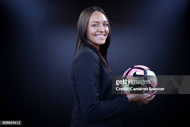 Kyah Simon of the Matildas poses for a portrait following an FFA media announcement regarding a two match International Friendly against Brazil on...