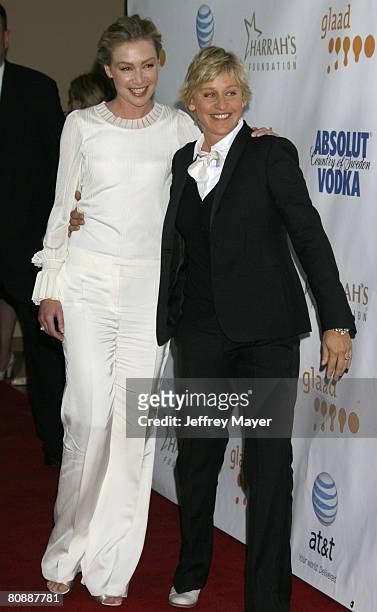 Actress Portia de Rossi and comedian Ellen DeGeneres arrive at the 19th Annual GLAAD Media Awards on April 25, 2008 at the Kodak Theatre in...
