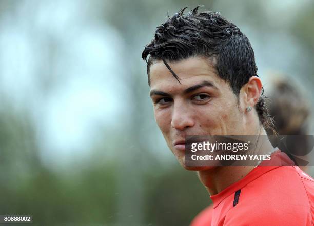 Manchester United's Portugese midfielder Cristiano Ronaldo in action during a team training session at the Carrington training complex in Manchester,...