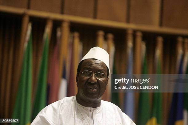 The Outgoing Chairperson of the African Union Commission, Alpha Omar Konare gives a speech on April 28,2008 at the AU Headquarters in Addis Ababa....