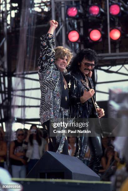 Ozzy Osbourne and Tony Iommi of Black Sabbath performs at Live Aid at Veteren's Stadium in Philadelphia, Pennsylvania, July 13, 1985.