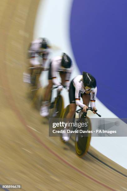 Germany's Charlotte Becker, Lisa Brenauer and Madeleine Sandig during the Women's Team Pursuit