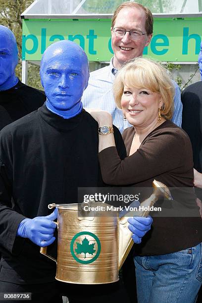 The Blue Man Group, CEO of BNP Paribas North America Edward Shank, and singer and actress Bette Midler attend the 120 tree planting ceremony to...