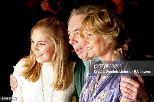 Sir Andrew Lloyd Webber and his wife Madeleine and daughter Isabella arrive at a press event for 'The Wizard of Oz' at the London Palladium, in...