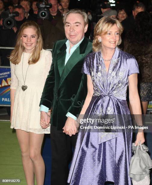 Sir Andrew Lloyd Webber and his wife Madeleine and daughter Isabella arrive at a press event for 'The Wizard of Oz' at the London Palladium, in...