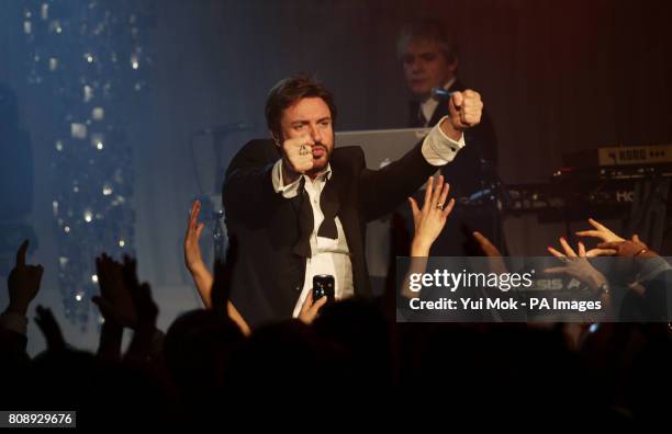 Simon Le Bon of Duran Duran performing during Walking with the Wounded presents The Ice and Diamonds Send-Off Ball, at Battersea Power Station in...